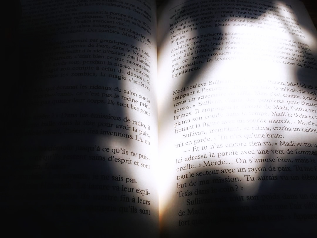 ombre menaçante et lumière sur une page de livre